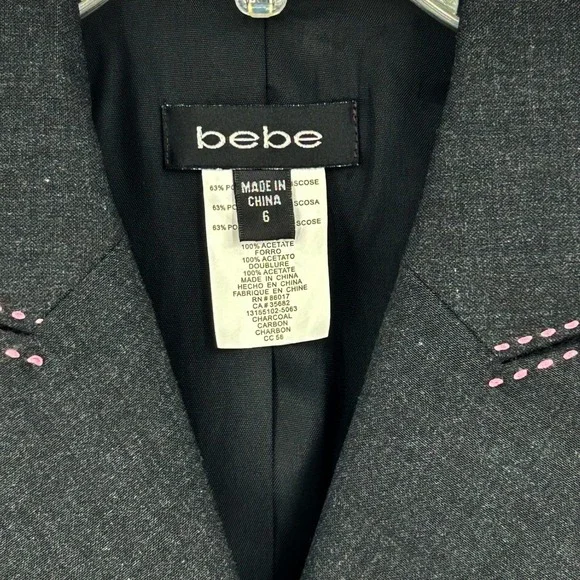 Bebe Womens Blazer 6 Charcoal Grey Pink Contrast Stitch Y2K Officecore Chic - Picture 3 of 9